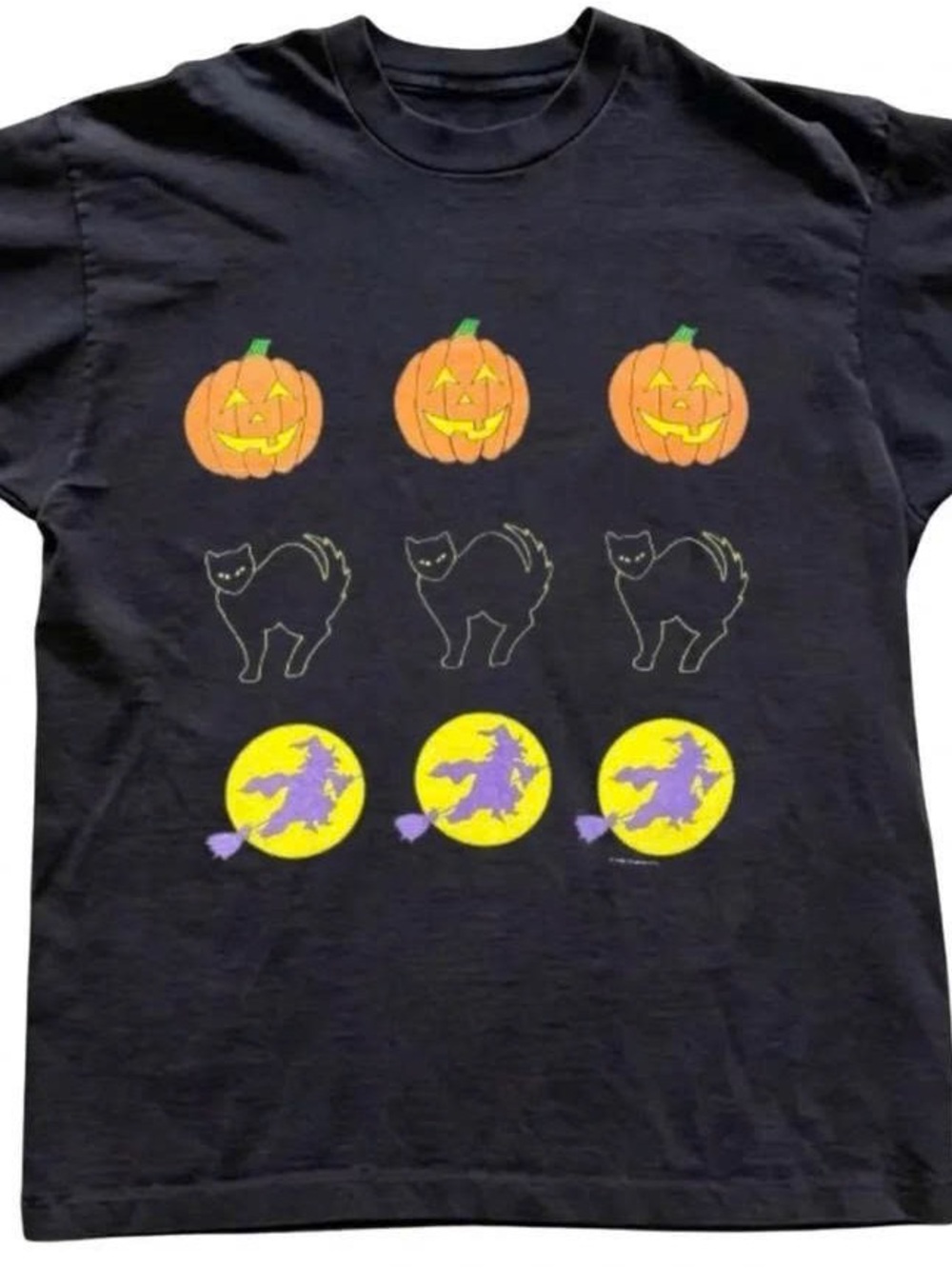 Black Halloween Tee with Orange Pumpkins, Yellow Moons & Purple Witches